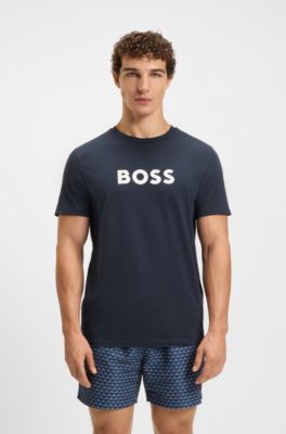 T-shirt van katoenen jersey met logoprint, Donkerblauw