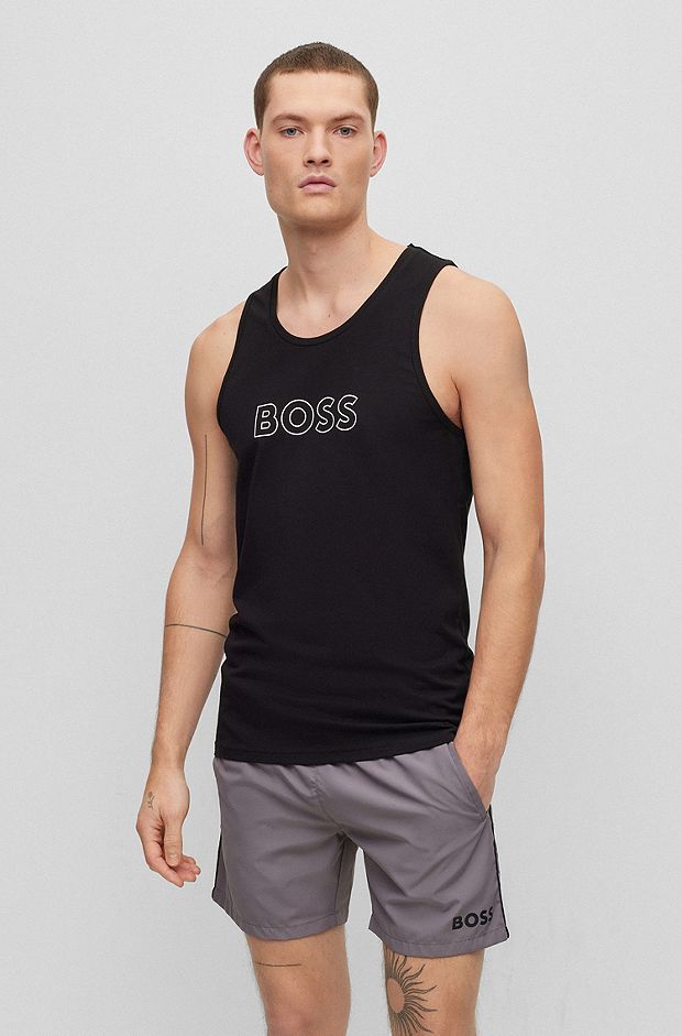 Tank top in cotton jersey with outline logo, Black