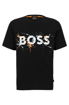 boss 博斯彩色徽标图案装饰棉质平纹针织布 t 恤, 001_black
