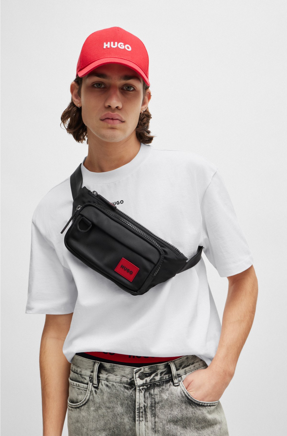 Recycled-fabric belt bag with red logo label, Black