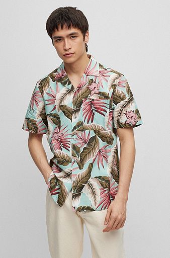 Relaxed-fit shirt in floral-print cotton poplin, Turquoise