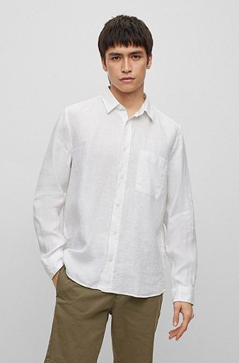 Relaxed-fit overhemd van zuiver linnen met lange mouwen, Wit