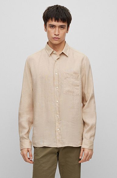 Relaxed-fit long-sleeved shirt in pure linen, Light Beige