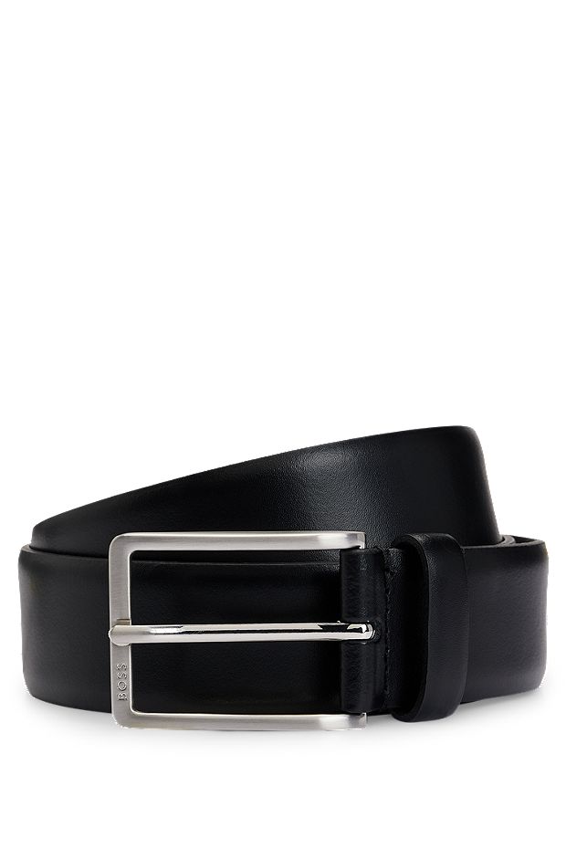 Italian-made leather belt with engraved-logo buckle, Black
