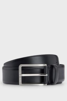 Ceinture en cuir italien avec boucle en m&eacute;tal argent&eacute; bross&eacute;, Noir