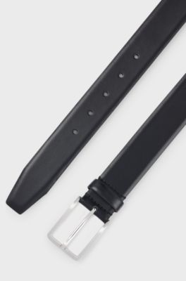Italian-leather belt with brushed silver hardware, Black