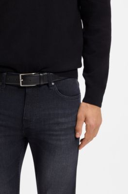 Ceinture en cuir italien avec boucle en m&eacute;tal argent&eacute; bross&eacute;, Noir