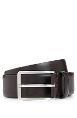 Italian-made leather belt with engraved-logo buckle, Dark Brown