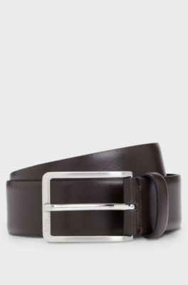 Italian-leather belt with brushed silver hardware, Dark Brown