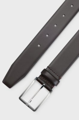 Ceinture en cuir italien avec boucle en m&eacute;tal argent&eacute; bross&eacute;, Marron fonc&eacute;