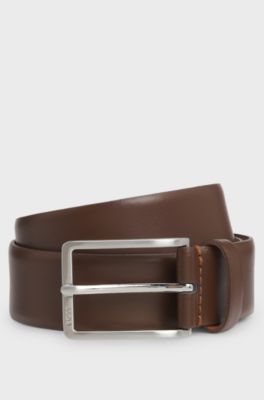 Ceinture en cuir italien avec boucle en m&eacute;tal argent&eacute; bross&eacute;, Marron