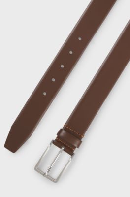 Ceinture en cuir italien avec boucle en m&eacute;tal argent&eacute; bross&eacute;, Marron