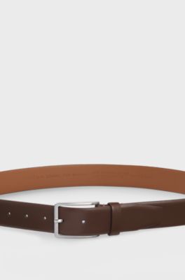 Ceinture en cuir italien avec boucle en m&eacute;tal argent&eacute; bross&eacute;, Marron