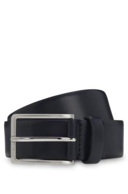 Italian-made leather belt with pin buckle, Dark Blue