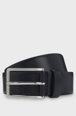 Italian-leather belt with brushed silver hardware, Dark Blue