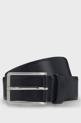 Ceinture en cuir italien avec boucle en m&eacute;tal argent&eacute; bross&eacute;, Bleu fonc&eacute;