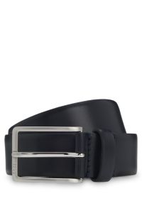 Italian-made leather belt with pin buckle, Dark Blue