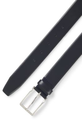 Italian-made leather belt with pin buckle, Dark Blue