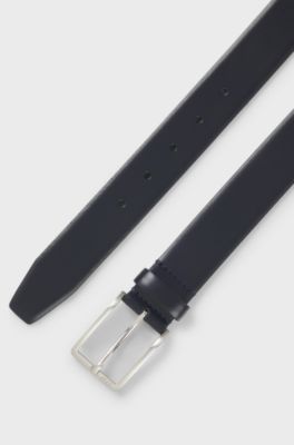 Ceinture en cuir italien avec boucle en m&eacute;tal argent&eacute; bross&eacute;, Bleu fonc&eacute;