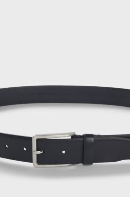 Ceinture en cuir italien avec boucle en m&eacute;tal argent&eacute; bross&eacute;, Bleu fonc&eacute;