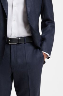 Ceinture en cuir italien avec boucle en m&eacute;tal argent&eacute; bross&eacute;, Bleu fonc&eacute;