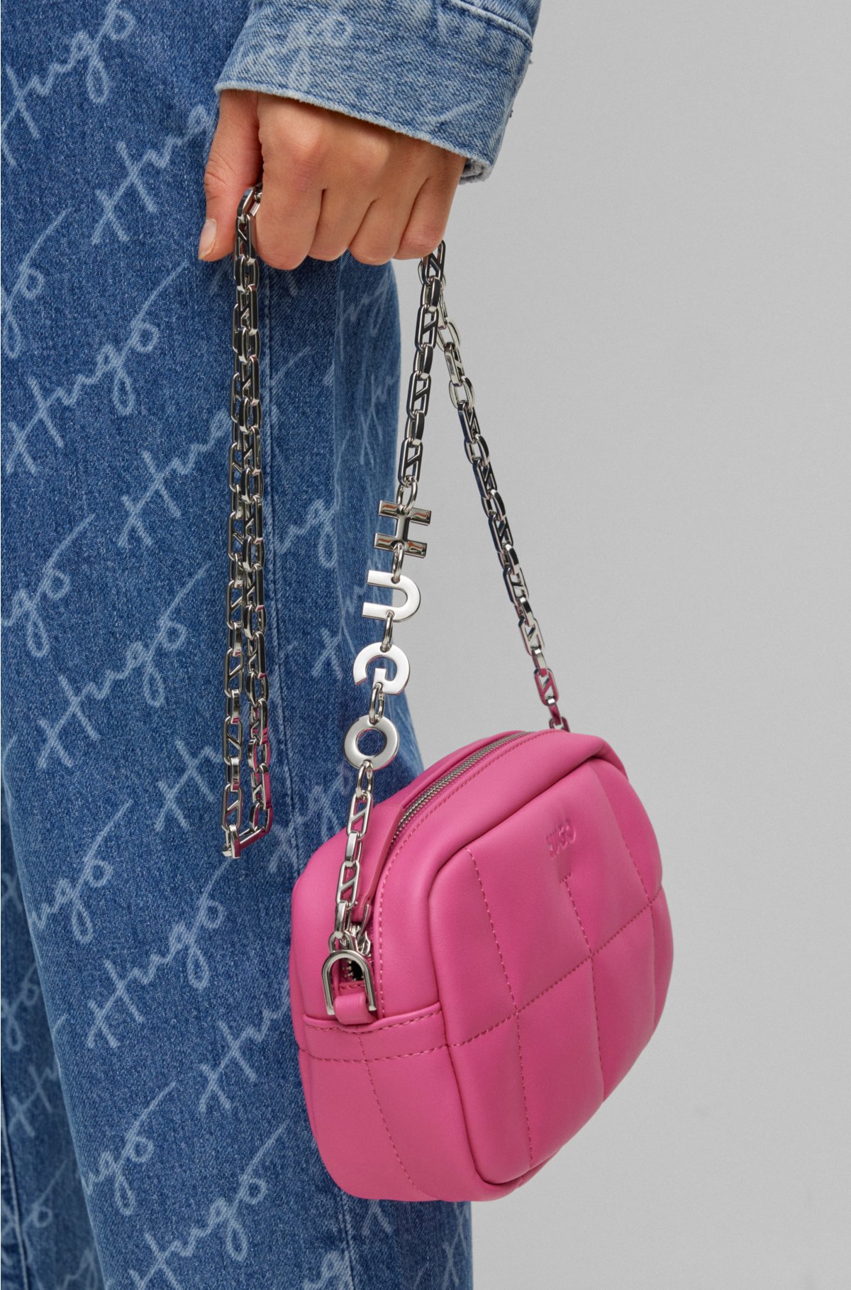 HUGO - Faux-leather crossbody bag with logo chain strap