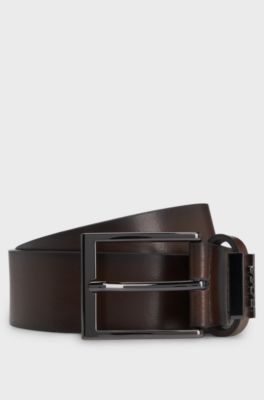 G&uuml;rtel aus italienischem Leder mit geb&uuml;rsteten Metalldetails, Dunkelbraun