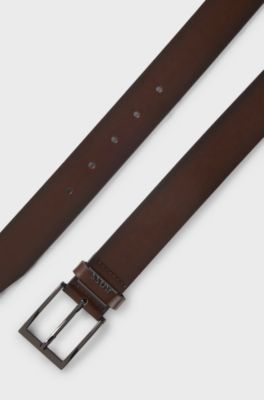 Riem van Italiaans leer met logolus en geborstelde bronzen details, Donkerbruin