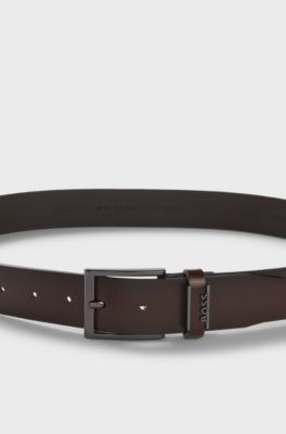 G&uuml;rtel aus italienischem Leder mit geb&uuml;rsteten Metalldetails, Dunkelbraun