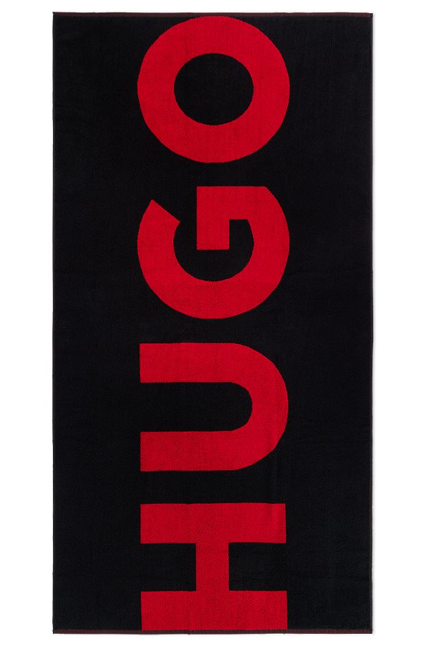 Strandlaken van katoenen badstof met groot logo, Zwart