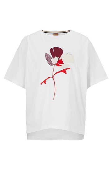 BOSS 博斯花卉艺术图案装饰丝光棉 T 恤,  100_White