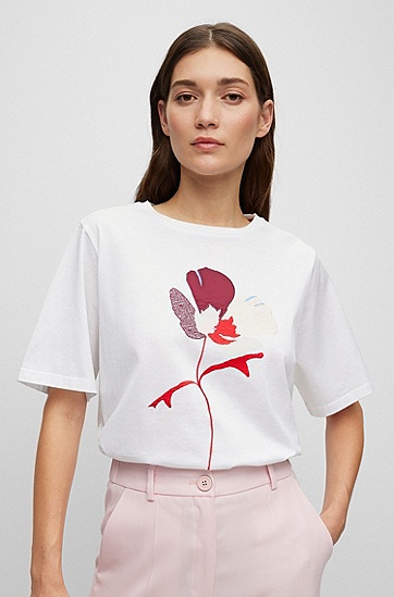 BOSS 博斯花卉艺术图案装饰丝光棉 T 恤,  100_White