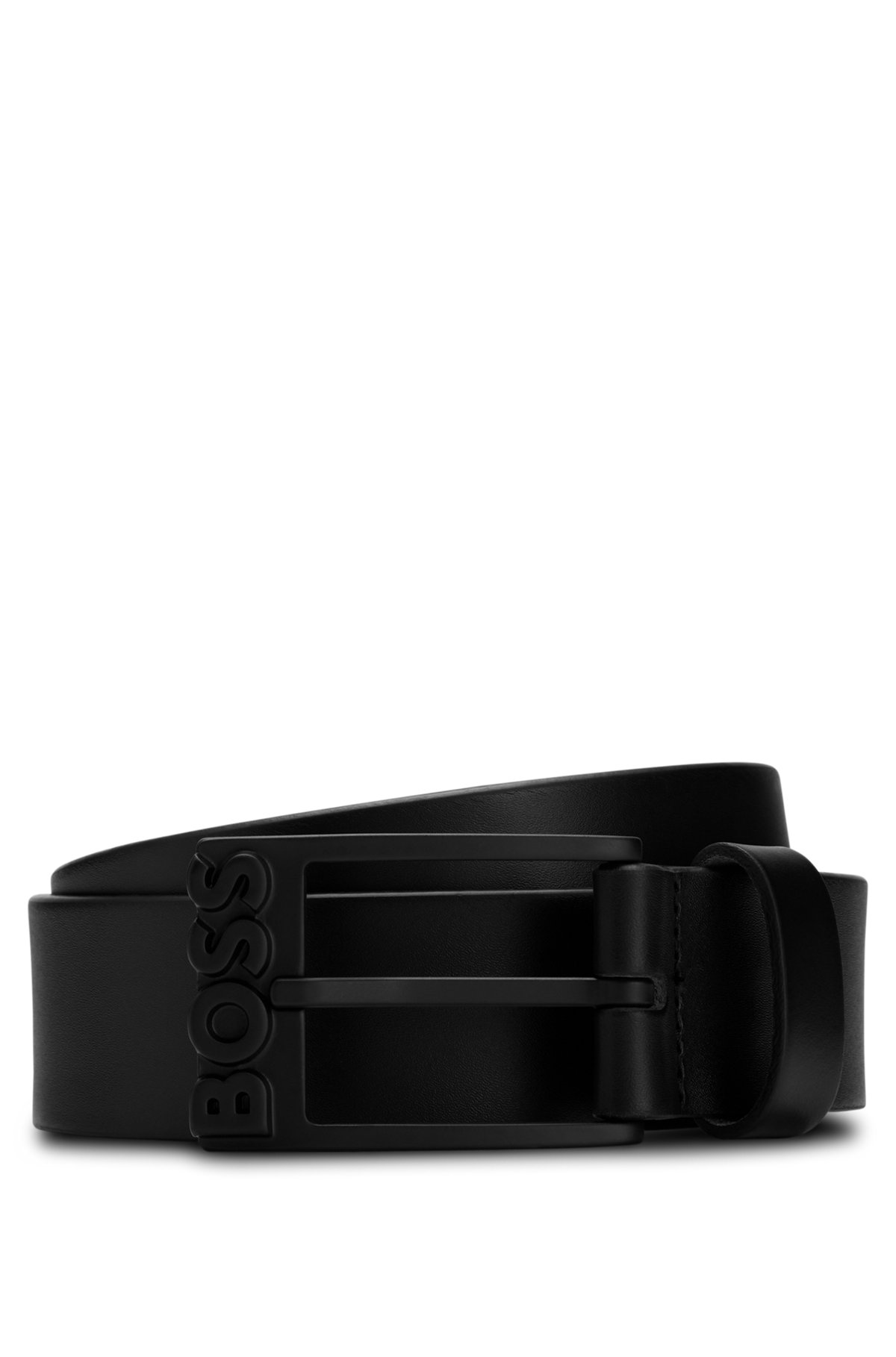 BOSS - Italian-leather belt with matte-black logo buckle