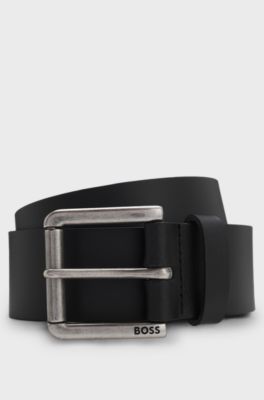Smooth-leather belt with logo-engraved roller buckle, Black