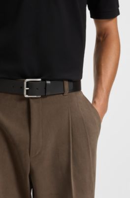 Ceinture en cuir lisse avec boucle &agrave; rouleau &agrave; logo grav&eacute;, Noir