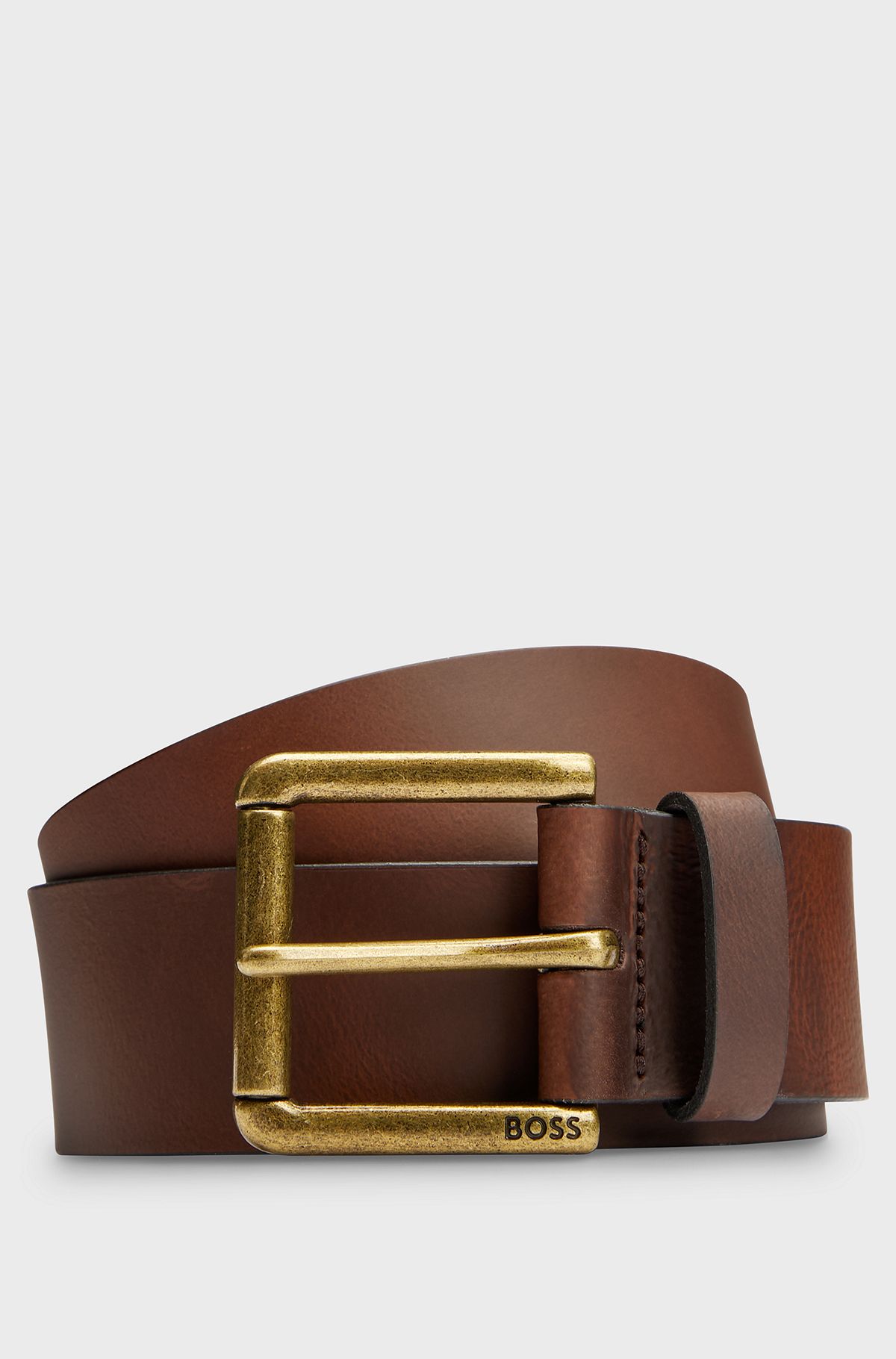 Leather belt with branded pin buckle, Dark Brown