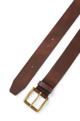 Smooth-leather belt with logo-engraved roller buckle, Dark Brown