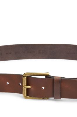 Smooth-leather belt with logo-engraved roller buckle, Dark Brown