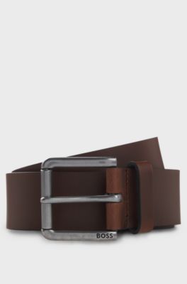 Smooth-leather belt with logo-engraved roller buckle, Dark Brown