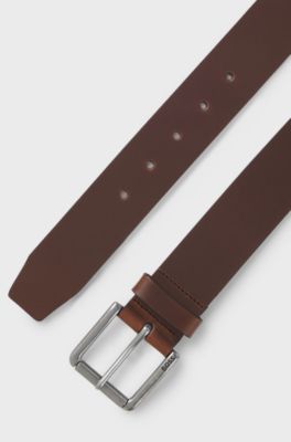 Smooth-leather belt with logo-engraved roller buckle, Dark Brown