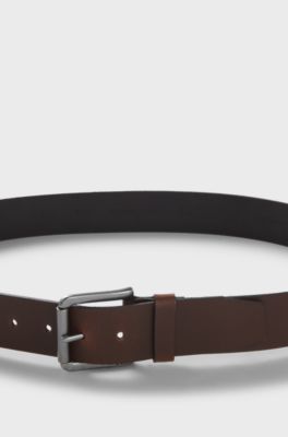 Smooth-leather belt with logo-engraved roller buckle, Dark Brown
