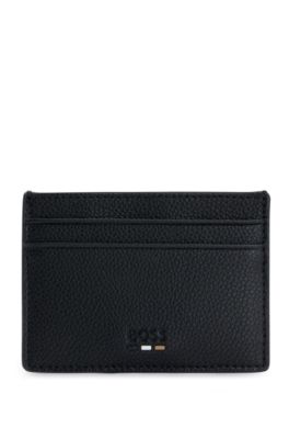 Signature-stripe card holder in grained faux leather, Black