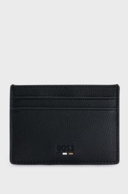 Signature-stripe card holder in grained faux leather, Black
