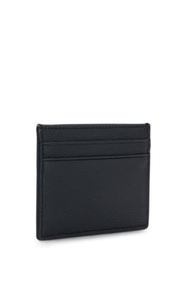 Signature-stripe card holder in grained faux leather, Black