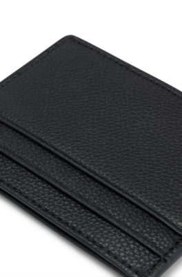 Signature-stripe card holder in grained faux leather, Black