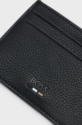 Signature-stripe card holder in grained faux leather, Black