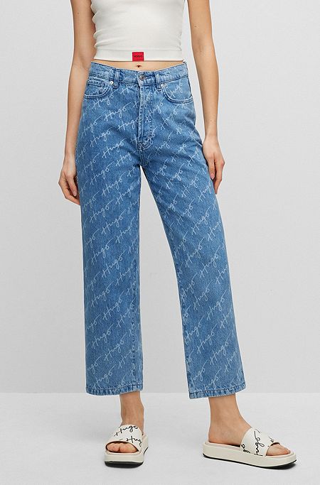 Regular-fit jeans in rigid denim with handwritten logos, Blue
