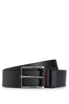 HUGO - Leather belt with red stitching and branded buckle