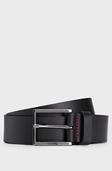 Leather belt with red stitching and branded buckle, Black