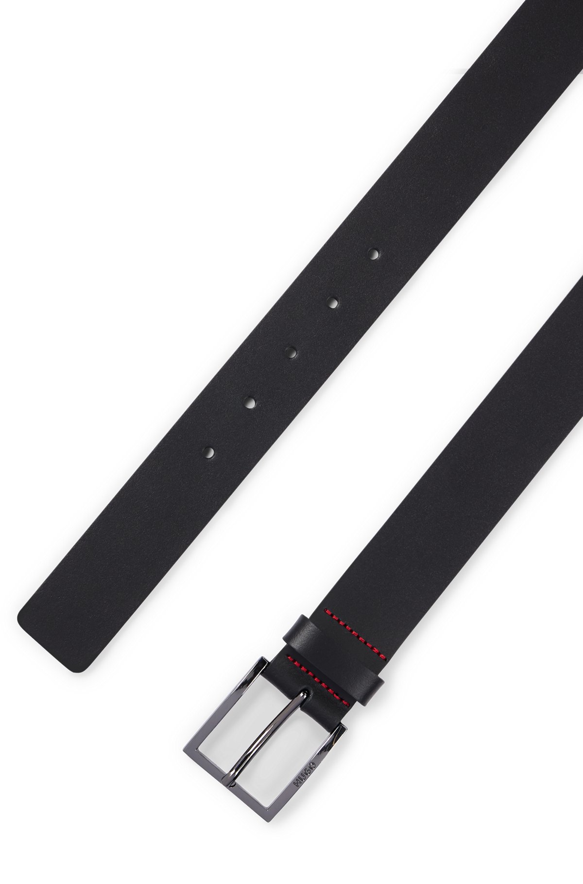 Cinturón de piel con costuras rojas y hebilla de la marca, Negro